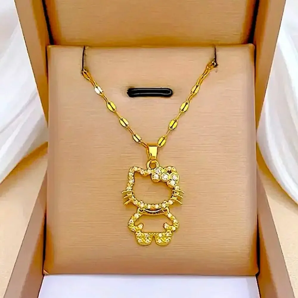 Gold Hello Kitty Hollow Zircon Necklace